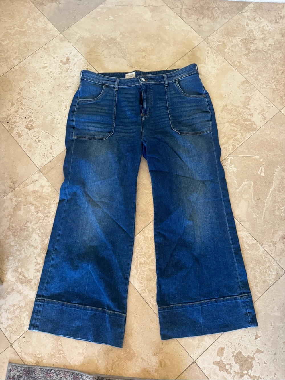 Pilcro Wide-Leg Dark Blue Patch Pocket Jeans